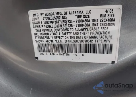 2005 Honda Odyssey Touring from USA, damaged, VIN 5FNRL38805B090642